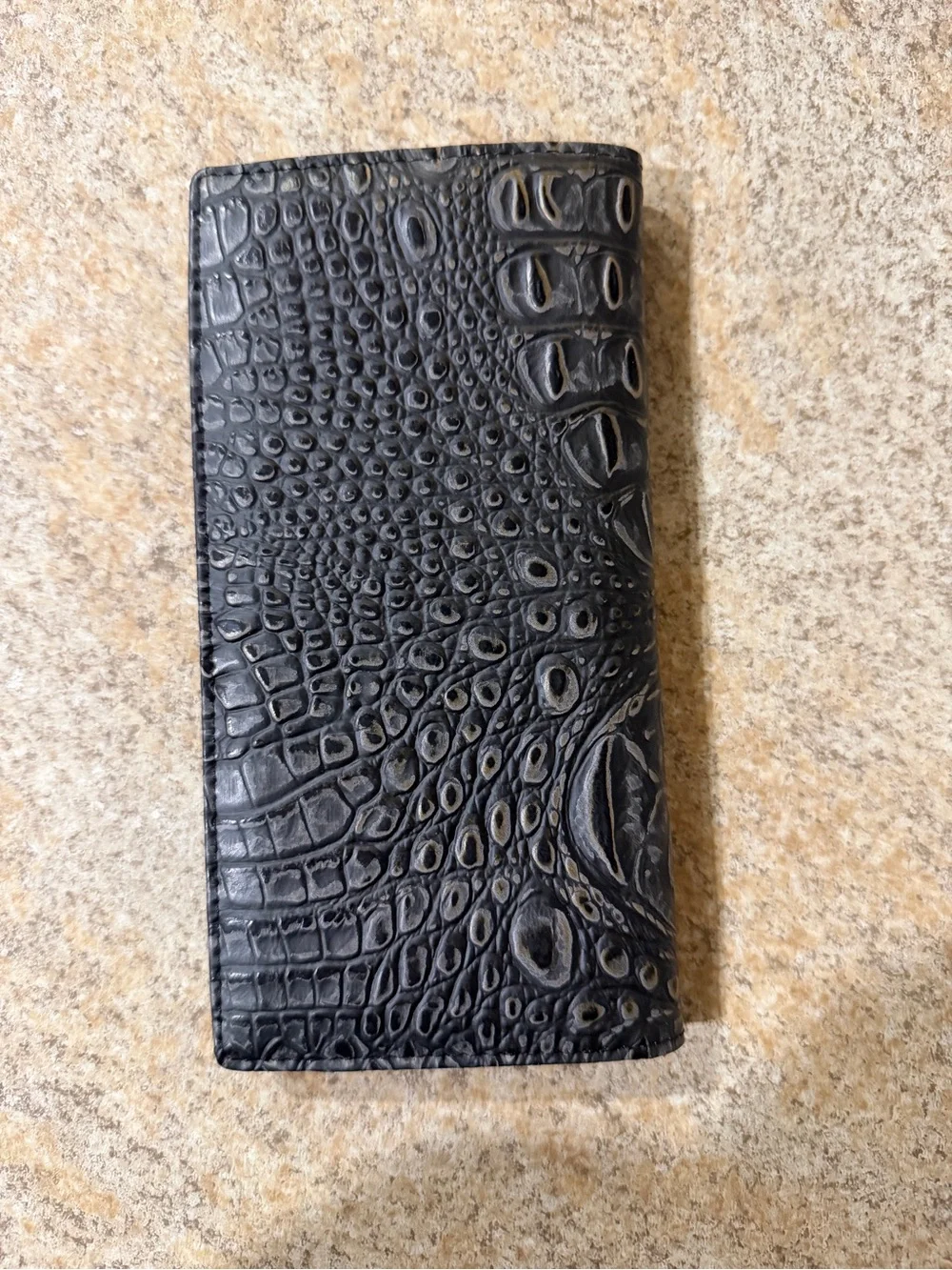 Men's Black Embossed Leather Long Wallet with Metal Emblem